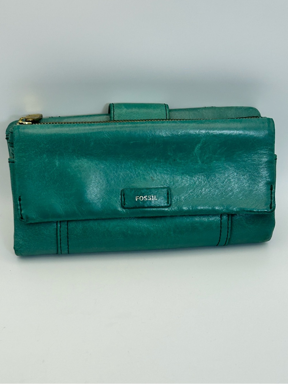 Vintage Fossil Ellis Green Leather Women's Clutch Wallet Multi-slots Zip Snap